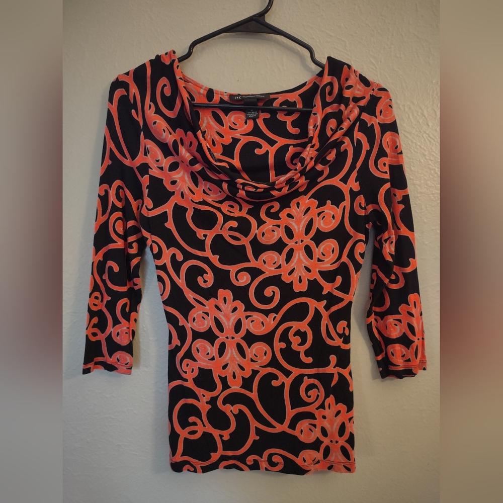 INC International Concepts Black and Coral Swirl Print Draped Neck Top Sz Small